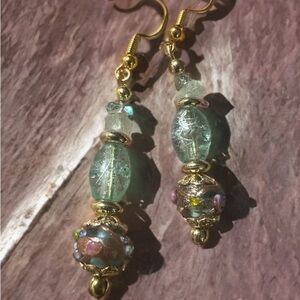 Artisan Crafted Green Glass Wedding Cake Bead Drop Earrings -
